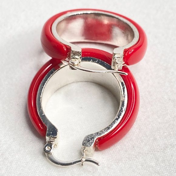 Huggie Hoop Earrings Red Enamel Silver Tone Base Latch Back - Picture 5 of 8